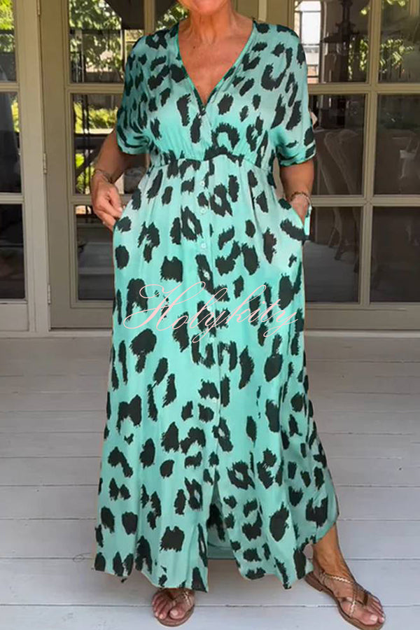 Leopard Print Casual Loose V-neck Short-sleeved Pocket Midi Dress