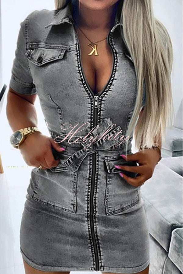 Tie Waist Zipped Pocket Denim Mini Dress