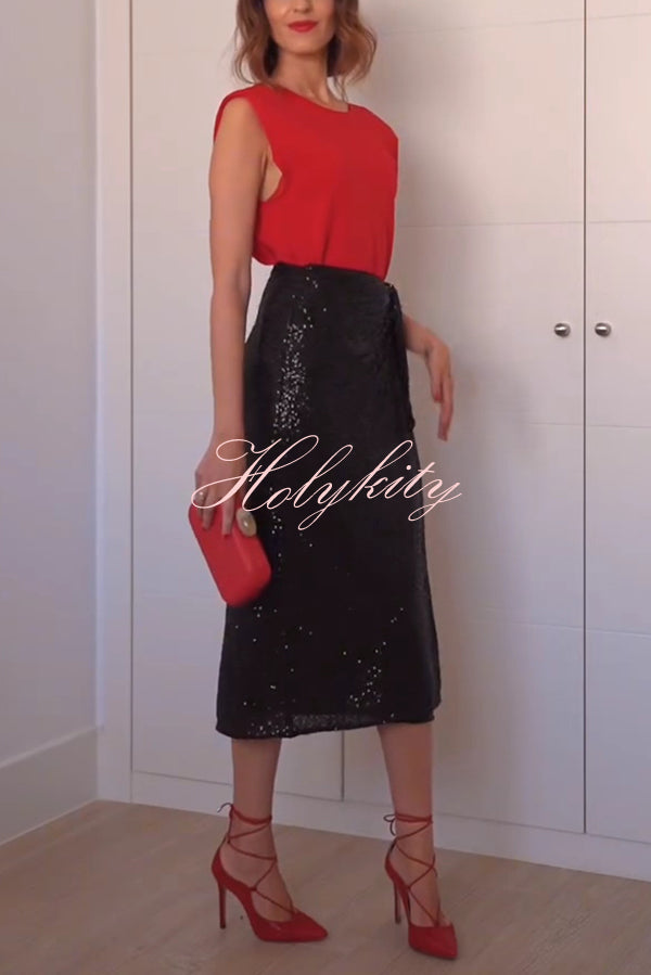 Crushing on You Sequin High Rise Wrap Tie-up Slit Midi Skirt