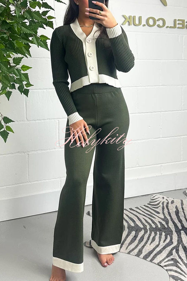 Fashionable Knit Colorblock Long Sleeve Cardigan and Elastic Waist Loose Stretch Pants Set