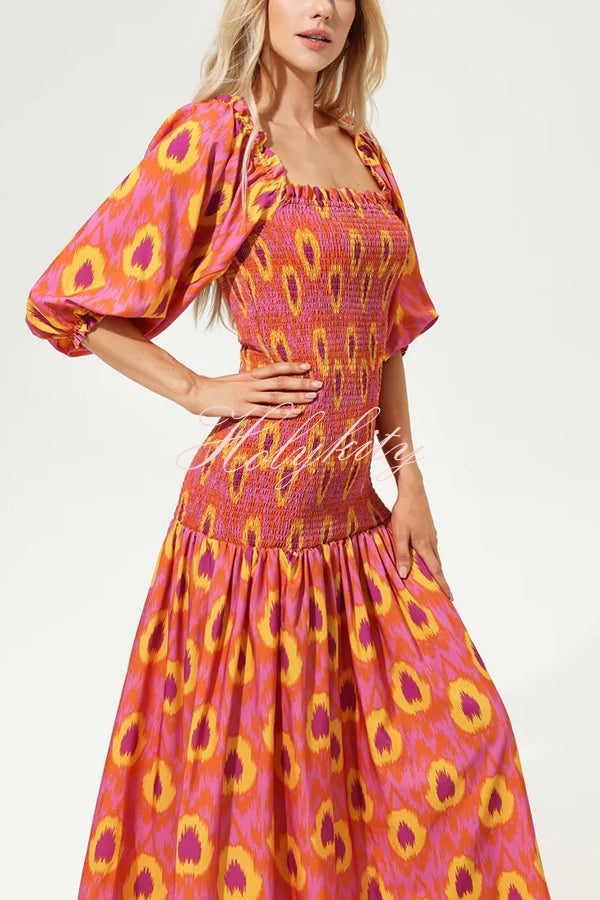 Venita Unique Printed Off Shoulder Balloon Sleeve Smocked Midi Dress