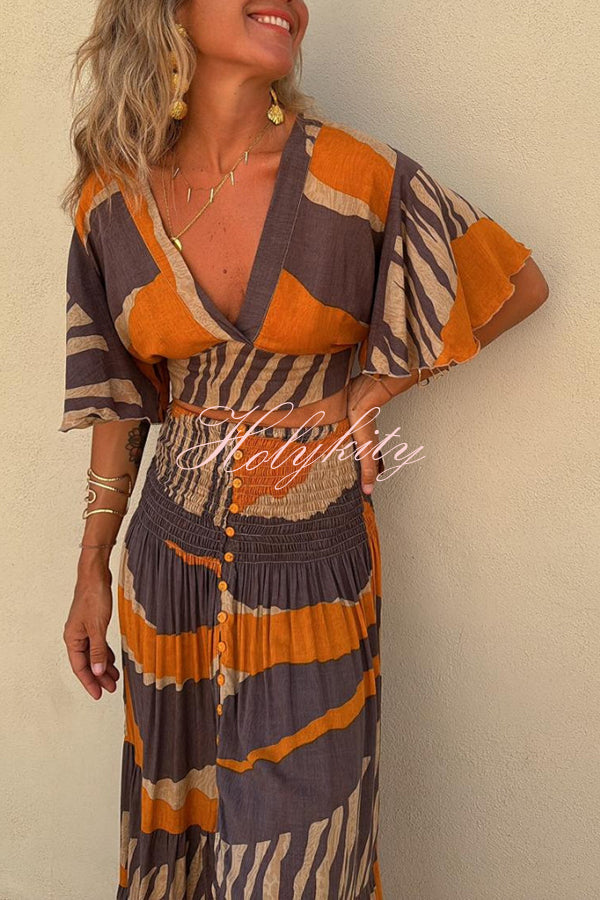 Raya Colorblock Print Bell Sleeve Crop Top and Smocked Waist Button Maxi Skirt Set