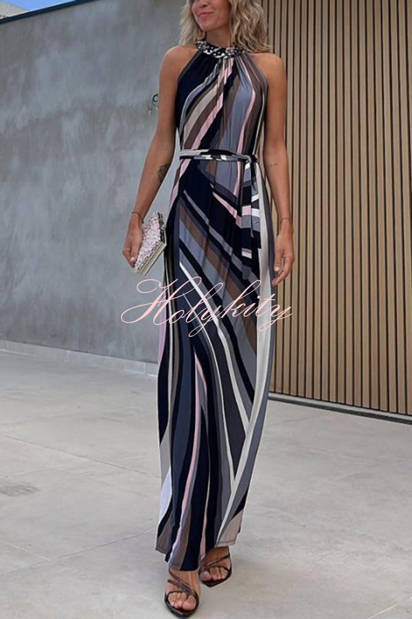 Flowing Elegance Colored Lines Printed Belt Halter Maxi Dress