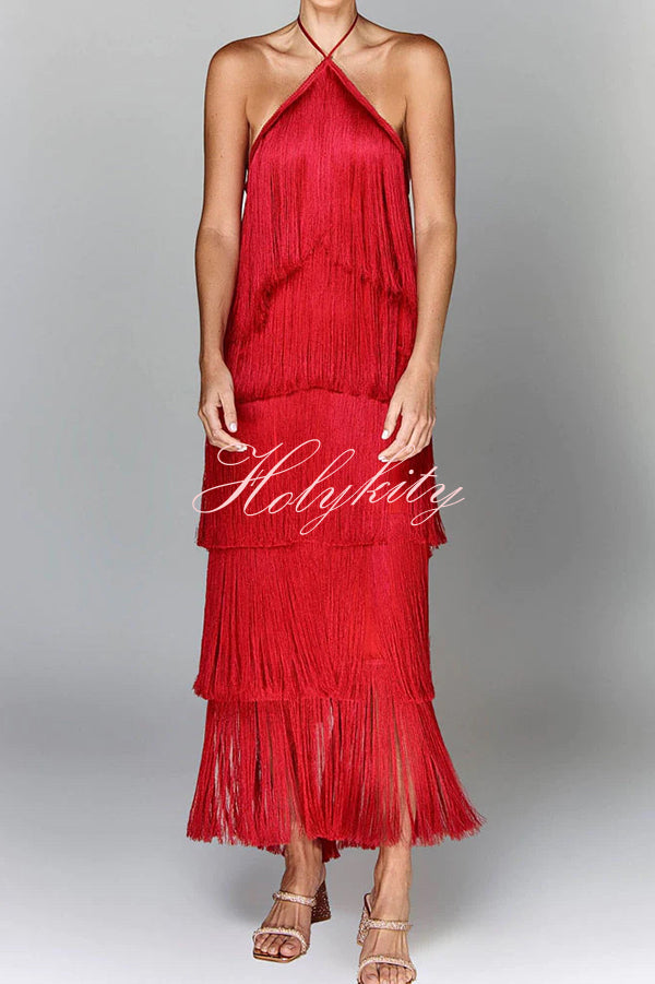 Sexy Halterneck Backless Elegant Fringe Maxi Dress