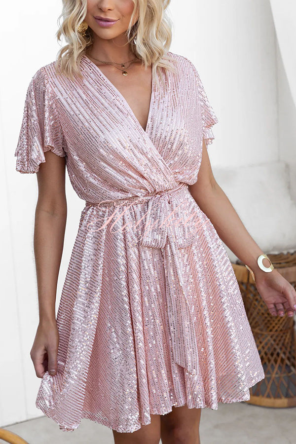 Sparkle and Shine Sequin Ruffle Sleeve Elastic Waist Belt Mini Dress