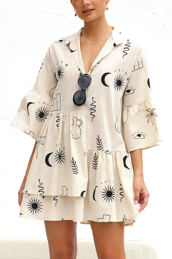 Shelby Unique Print Bell Sleeve Smock Style Tiered Shirt Mini Dress