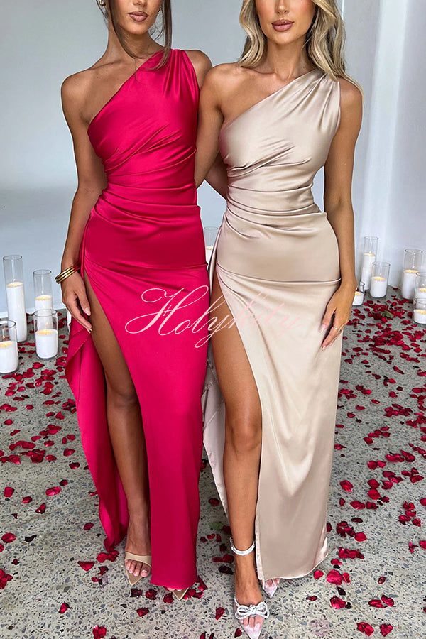 Fits Your Curves Satin One Shoulder Drape Slit Maxi Dress