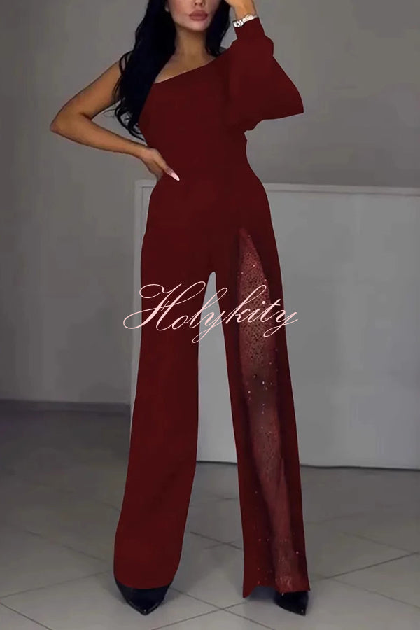 Fashionable Oblique Shoulder One-sleeve Sexy High Slit Slim Jumpsuit