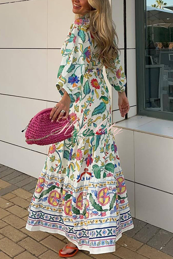 Botanical Floral Print V-neck Cutout Lace-up Elastic Waist Maxi Dress