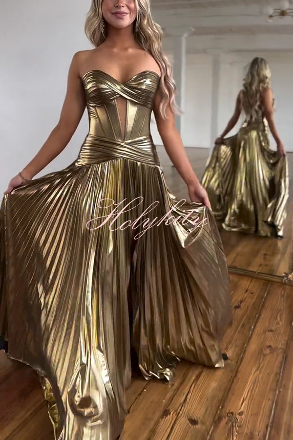 Dazzling Metallic Fabric Cross Strapless Cutout Slit Pleated Maxi Dress