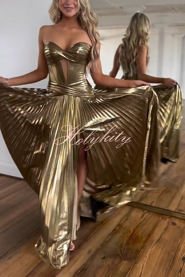 Dazzling Metallic Fabric Cross Strapless Cutout Slit Pleated Maxi Dress