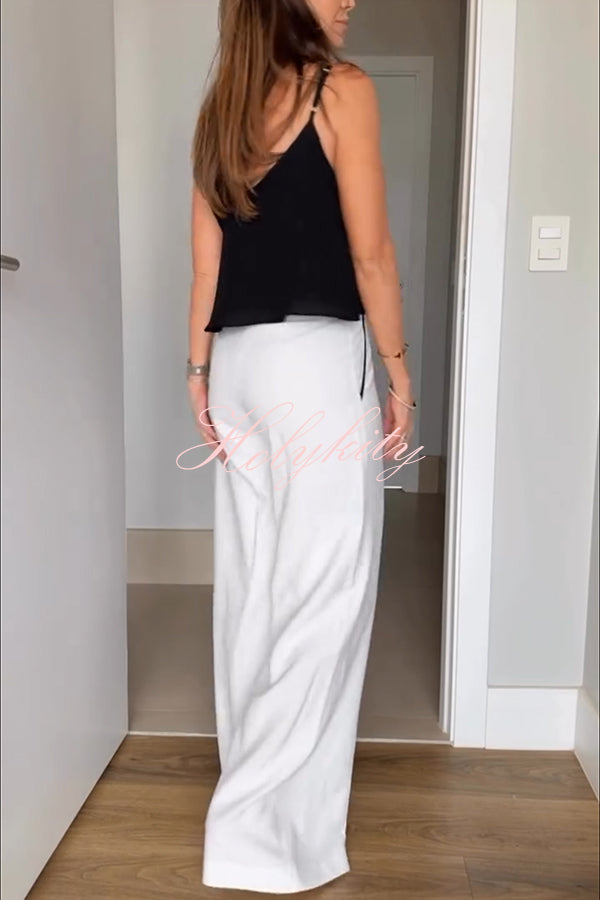 Full of Chic Colorblock Trim Lace-up Waist Pocketed Wide Leg Pants