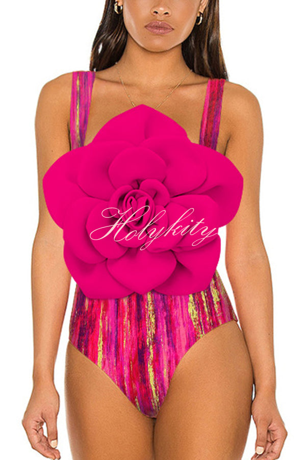 Fashionable Contrast Color Large Flower Stretch One-piece Swimsuit