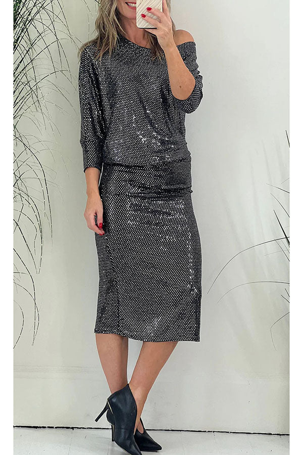 Full of Charm Sequin Dolman Sleeve Loose Midi Dress