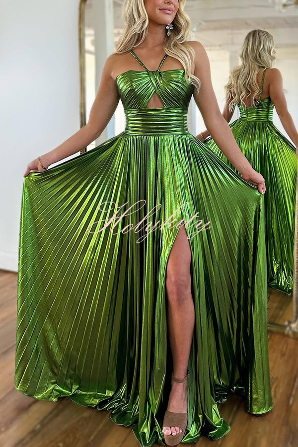 Queen Style Metallic Fabric Cross Neck Cutout Slit Pleated Maxi Dress