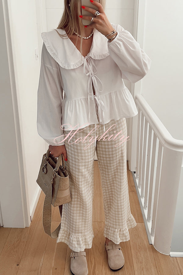 Casual and Versatile Lace-up Long-sleeved Babydoll Blouse