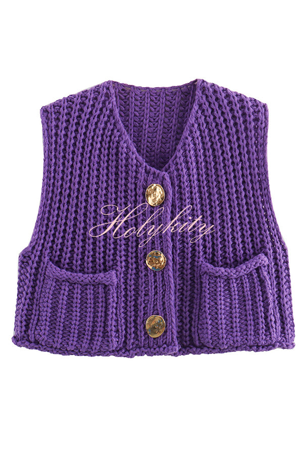 Solid Color Sleeveless Pocket Knitted Vest