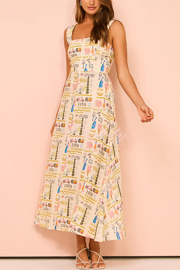 Country Cutie Unique Print Square Neck Wide Strap Maxi Dress