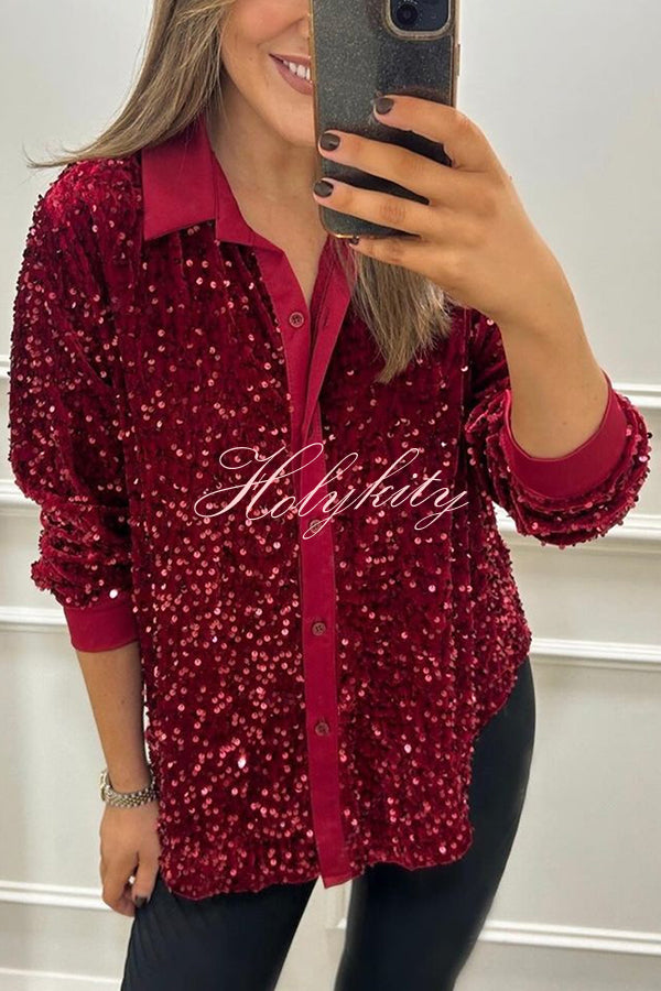 Fashion Velvet Sequined Loose Casual Long-sleeved Shirt