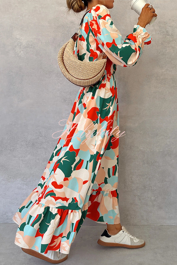 Colorful Printed V-neck Waist High Slit Ruffled Maxi Dress