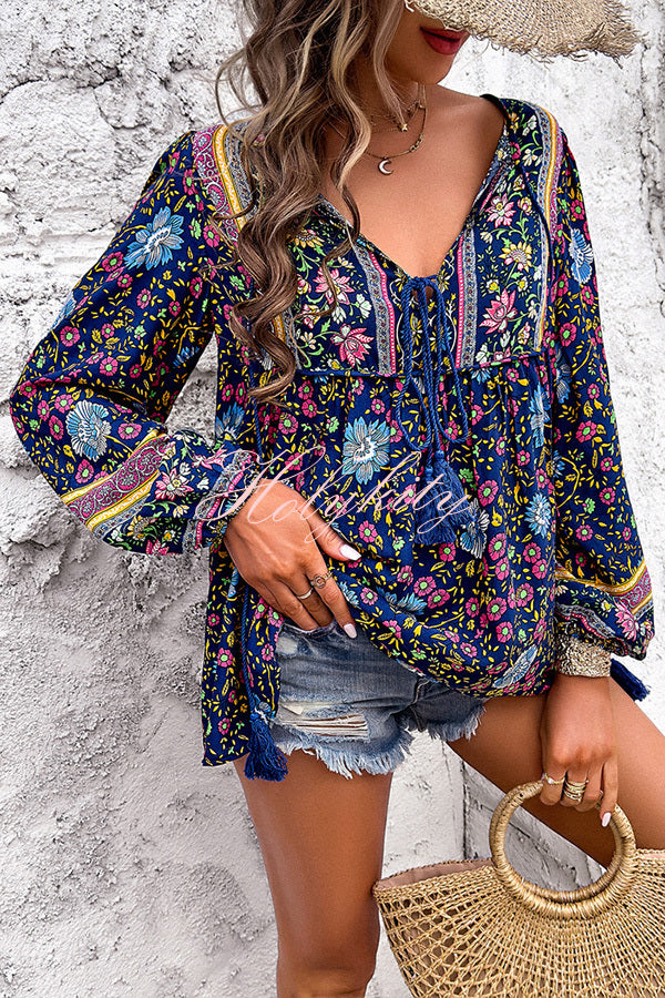 Intricate Floral Print V Neck Lace Up Paneled Long Sleeve Shirt