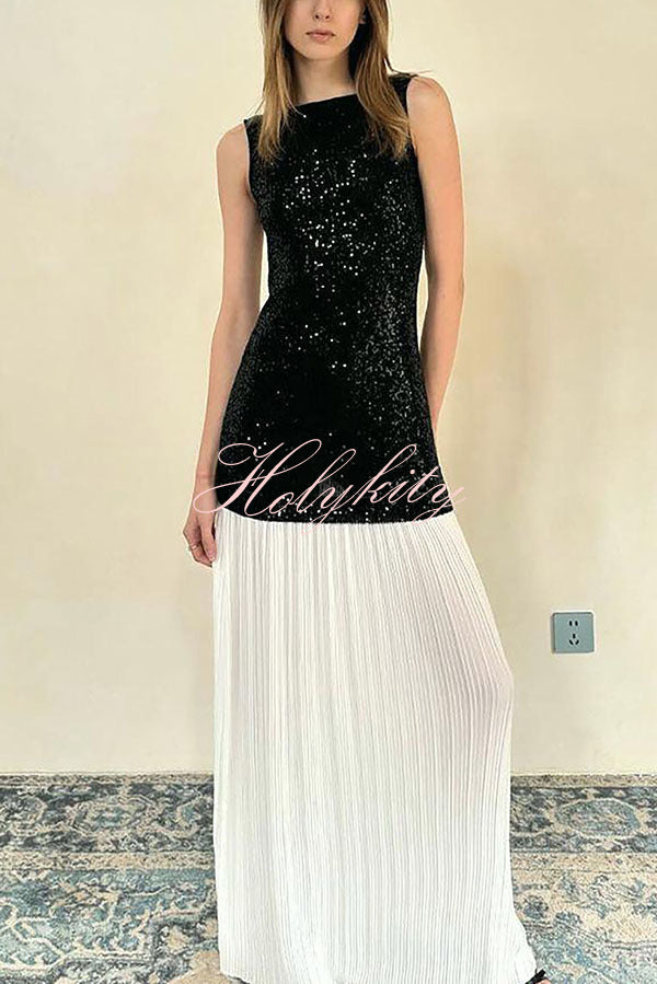 Sexy Backless Sleeveless Sequined Pleated Hem Maxi Dress