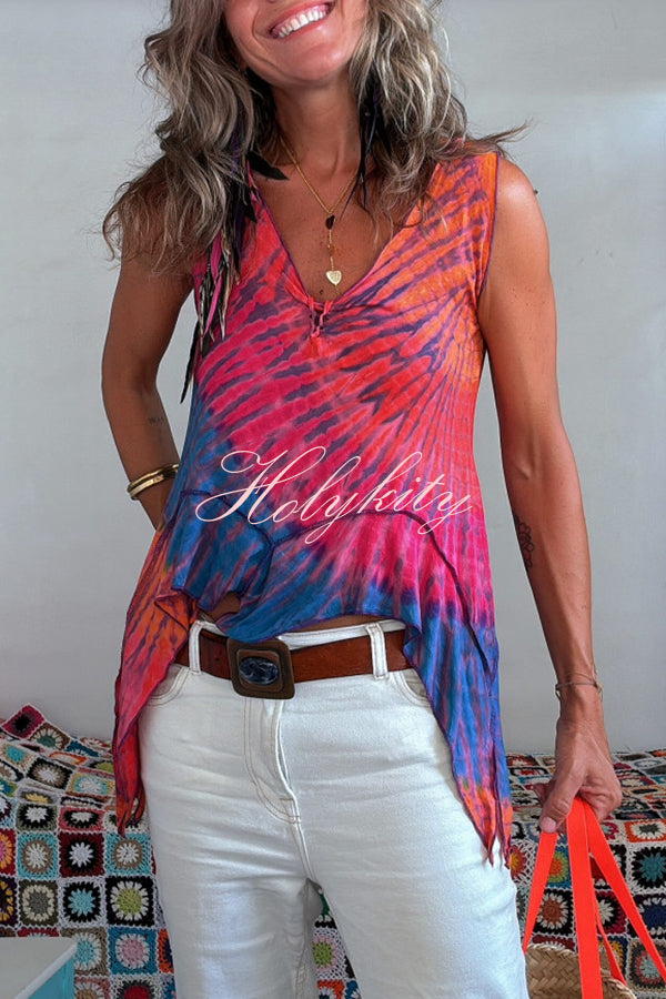 Cane Tie-dye Print V-neck Irregular Peak Stretch Tank Top