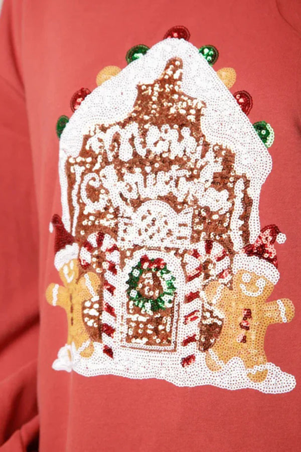 Christmas Candy House Sequined Casual Loose Sweatshirt