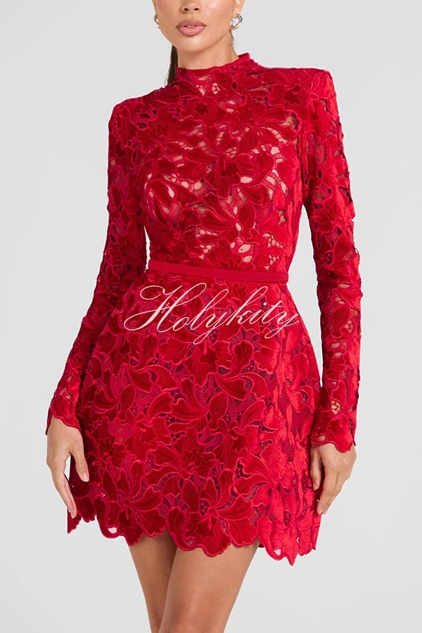 Lydia Embroidered Floral Lace Long Sleeve Belt Tulip Shaped Mini Dress