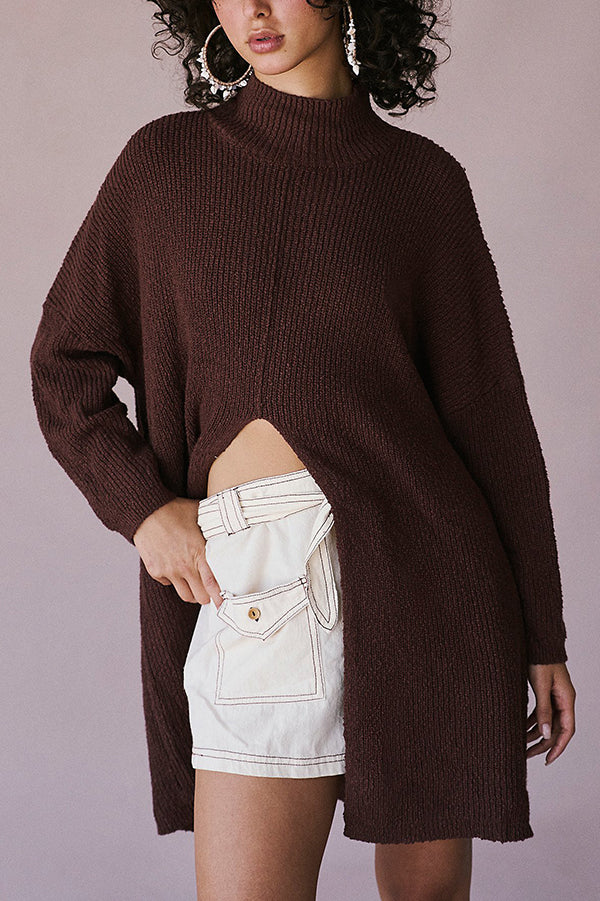 Solid Color Long Sleeve Slit Knitted Sweater