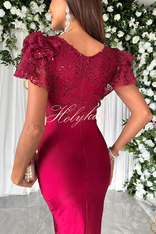 Dreamy Luxury Lace and Satin Patchwork Ruffle Sleeve Ruched Midi Dress