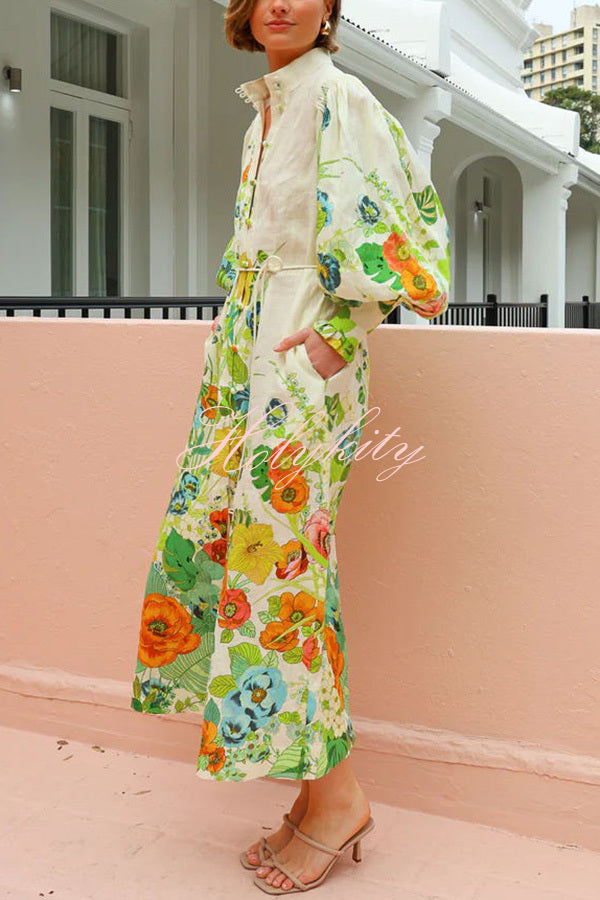 Summer Party Floral Print Balloon Sleeve Pocketed Belt Shirt Midi Dress