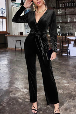 Solid Color Velvet Deep V Belt Slim Jumpsuit