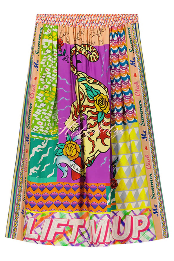 Boho Chic Satin Colorful Unique Print Elastic Waist Pocket Vacation Midi Skirt