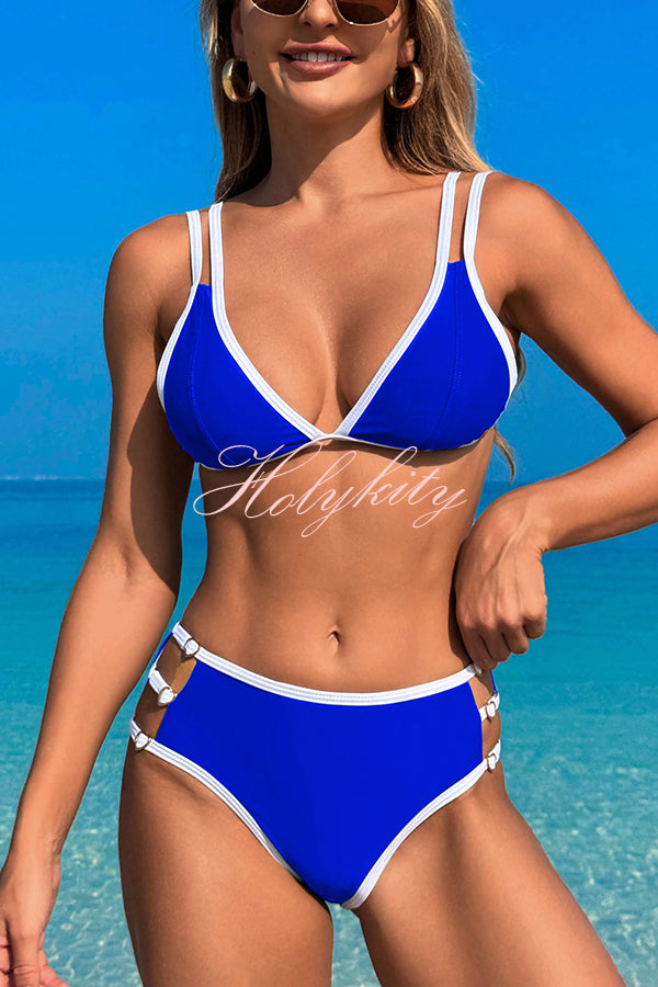 Contrast Color Lace-up Stretch Two-piece Bikini Swimsuit