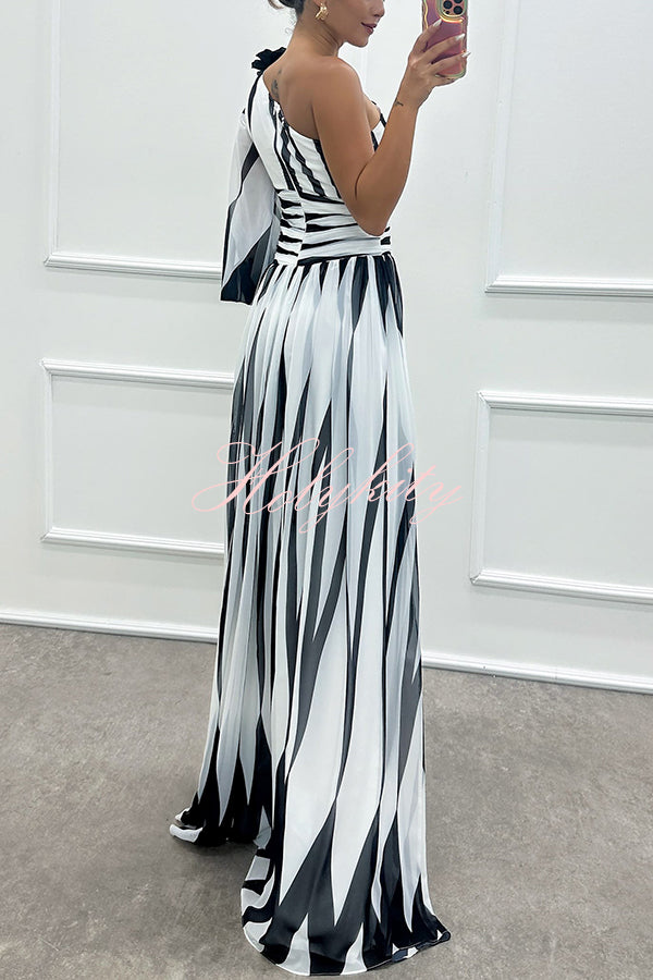 Purely Charming Printed Rose Pendant One Shoulder Pleated Slit Maxi Dress