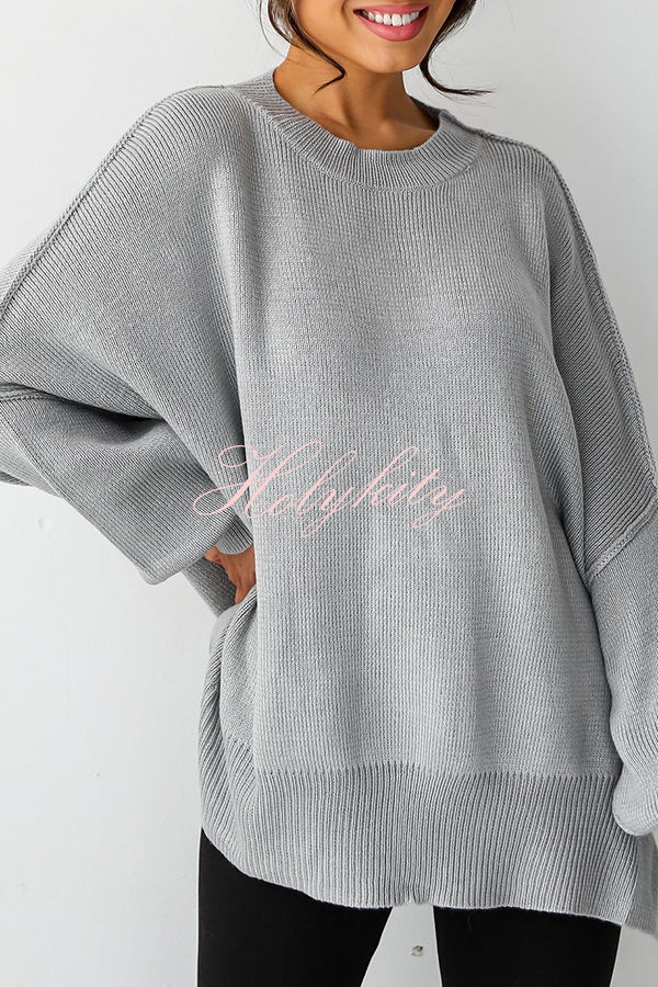 Distressed Knit Side Slit Long Sleeve Pullover Sweater