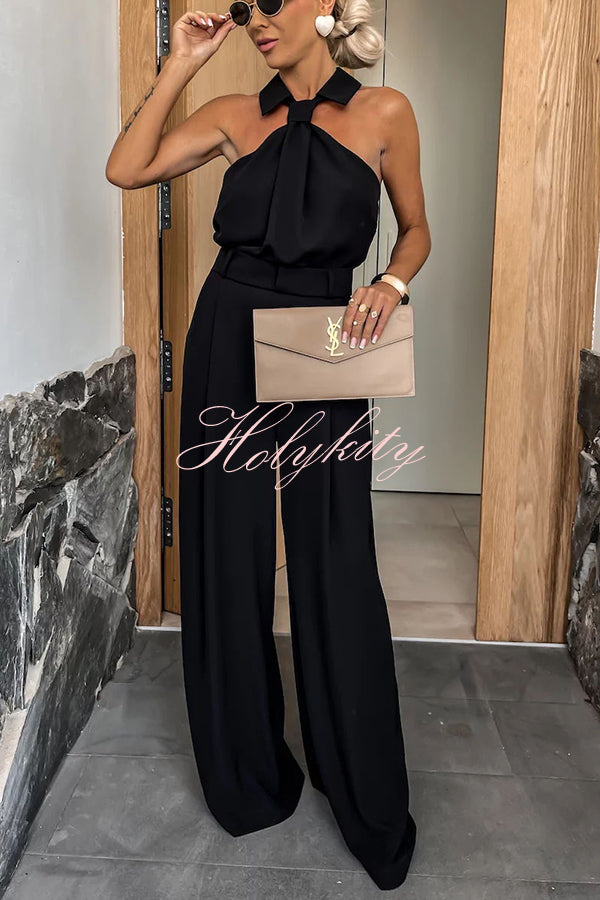 Fashionable Unique Look Halter Shirt Collar Pocketed Wide Leg Jumpsuit