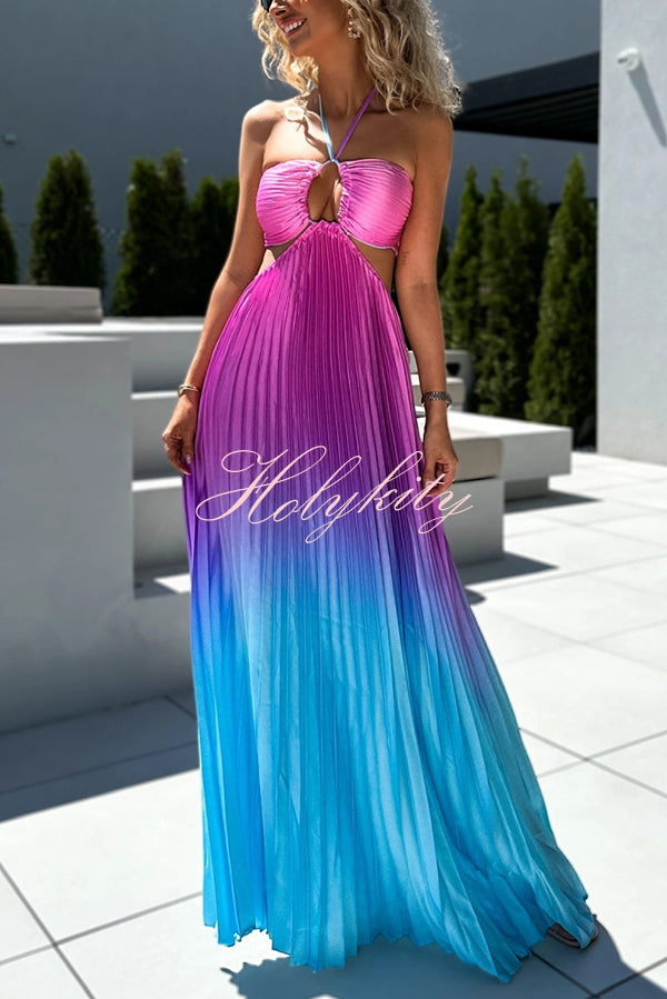 Get Ready Beautiful Gradient Print Cutout Halterneck Pleated Maxi Dress