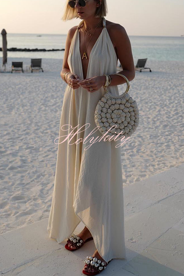 Bali Dreams Linen Blend Leather Tassel Design Halter Backless Beach Maxi Dress