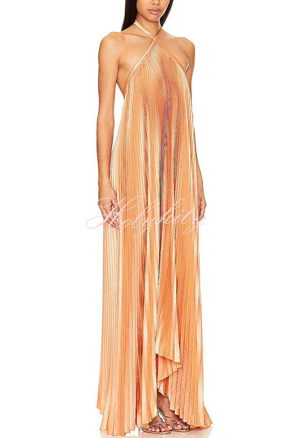 Luxurious Atmosphere Satin Halter Neck Backless A-line Gown Maxi Dress