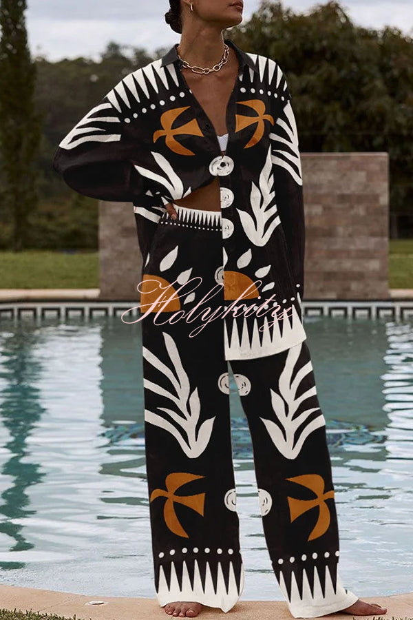 Exotic Unique Printed Buttoned Elastic Waist Pant Suit