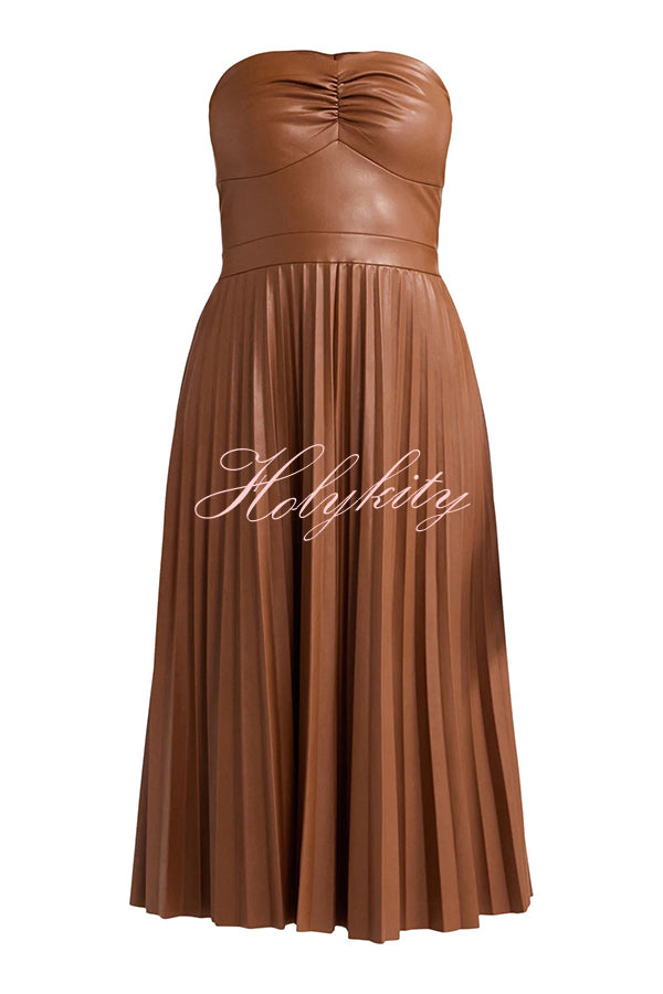 My Juliet Faux Leather Off Shoulder Strapless Pleated Stretch Midi Dress