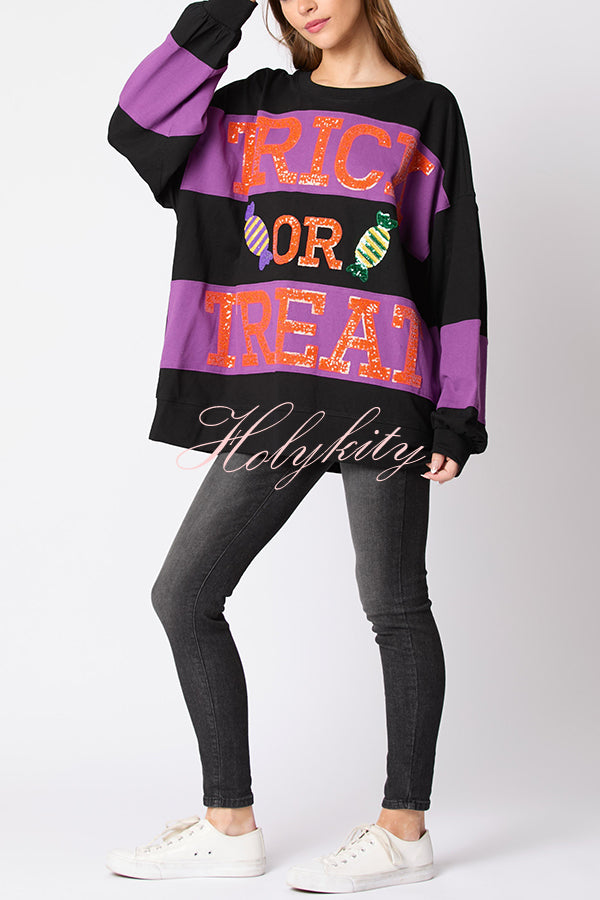 Halloween Letter Sequined Color Block Loose Casual Sweatshirt