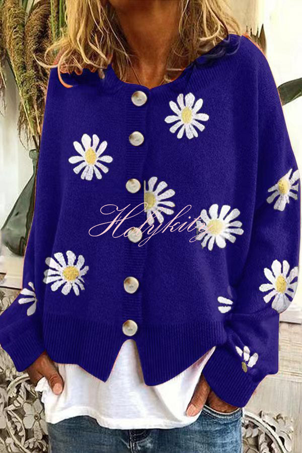 Chrysanthemum Embroidery Knitting Button Down Cardigan Coats