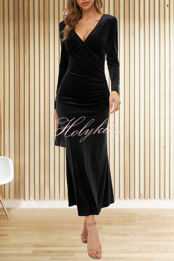 Solid Color Velvet Long Sleeve V-neck Slim Fit Fishtail Maxi Dress