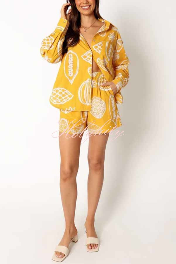 Parkside Pretty Tropical Fruit Print Loose Shirt and Elastic Waist Pocketed Shorts Set