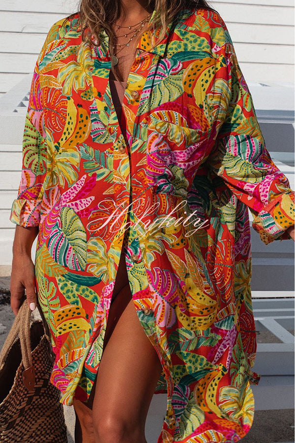 Resort Style Tropical Fruit and Vegetable Print Button Pocket Long Sleeve Shirt