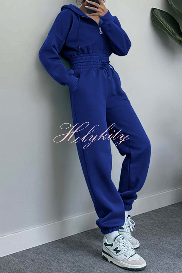 Hooded Zip Up Waist Sweatshirt and Elastic Waist Lace Up Pants Set