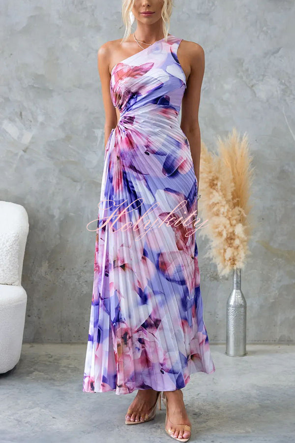 Laken Floral Print One Shoulder Adjustable Tie Cutout Pleated Maxi Dress